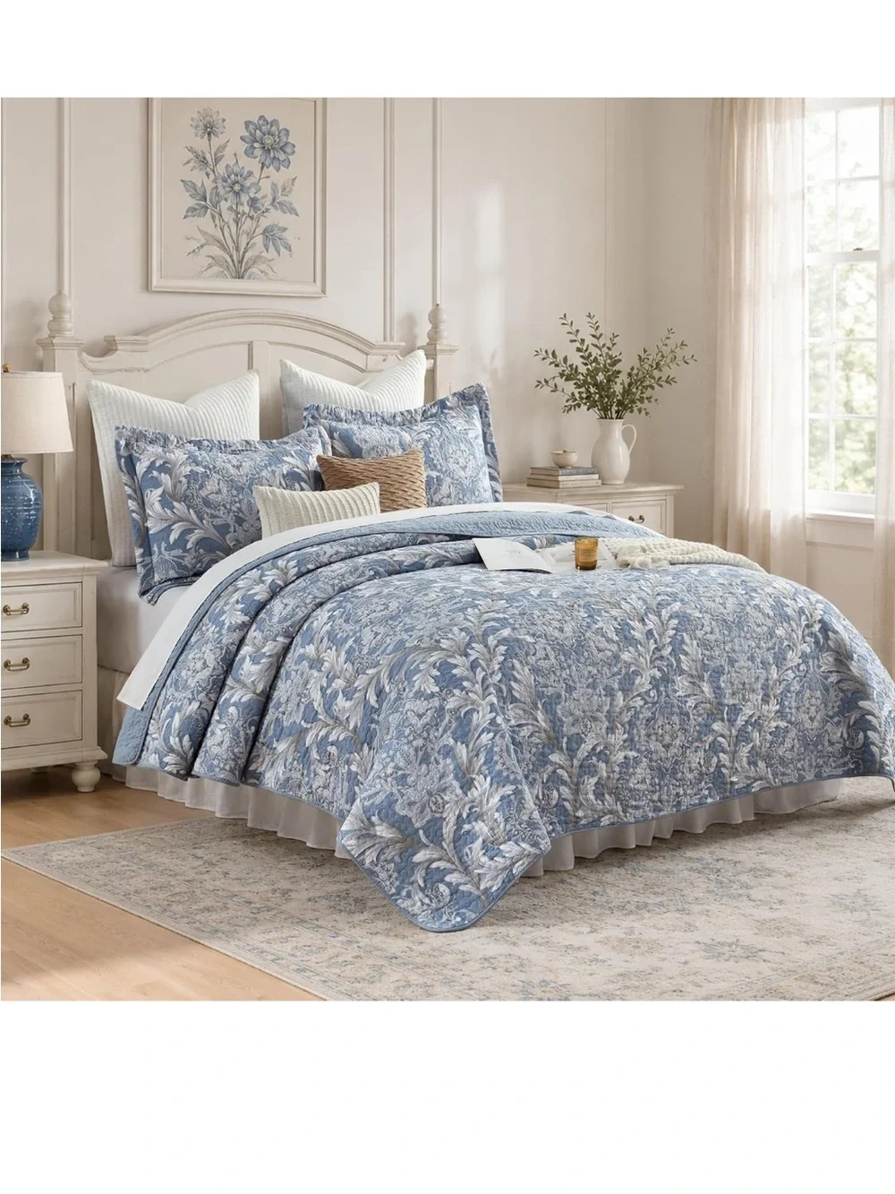 100% Cotton Blue Floral King Quilt Set Luxury Damask 106x98 3 Pcs Reversible